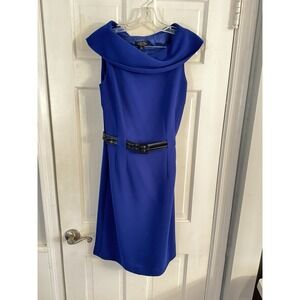 Tahari Arthur S. Levine Sz 4 Blue Belted Sheath Dress Cowl‎ Neck Career Work